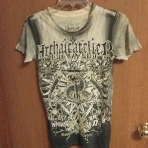 Affliction Archaic Bling Rhinestone Tee with Black and Cream Design
